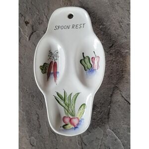 Vintage Japanese Ceramic Spoon Rest, Hand Painted Vegetable Design